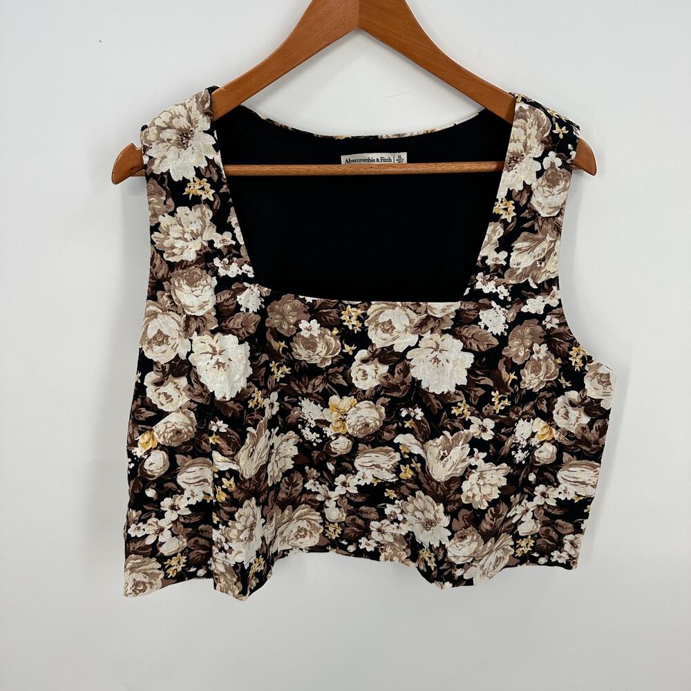 ABERCROMBIE & FITCH Square Neck Cotton Linen Floral Crop Blouse // XL